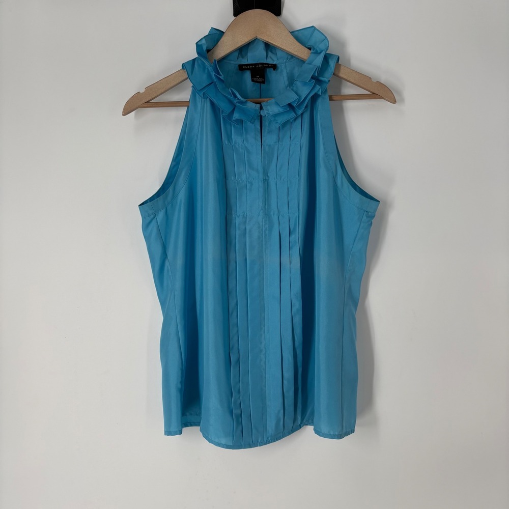 Elena Solano Womens Turquoise Blue 100% Silk Pleated Ruffle Neck Blouse Size M